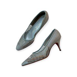 1960s Vintage Deadstock Joseph LaRose Mesh Kitten‎ Heels  7 AA Blue Silver, USA